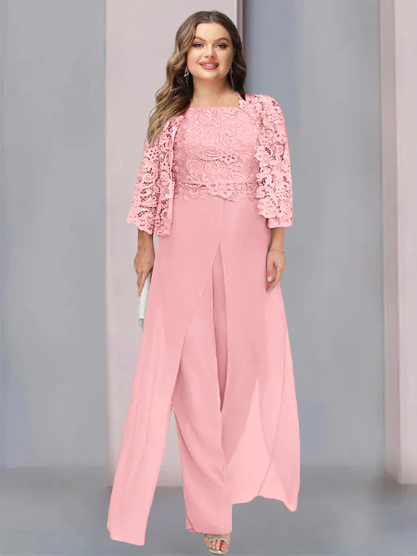 Tailleur-Pantalon en Mousseline à Col Carré et Longueur Au Sol pour Mère de la Mariée, Grande Taille, avec Veste et Fente Sur le Côté