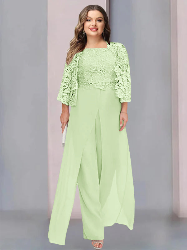 Tailleur-Pantalon en Mousseline à Col Carré et Longueur Au Sol pour Mère de la Mariée, Grande Taille, avec Veste et Fente Sur le Côté