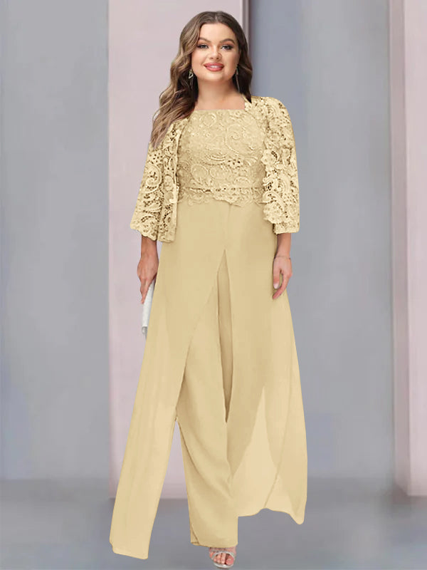 Tailleur-Pantalon en Mousseline à Col Carré et Longueur Au Sol pour Mère de la Mariée, Grande Taille, avec Veste et Fente Sur le Côté
