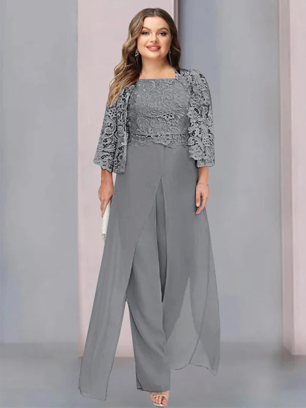 Tailleur-Pantalon en Mousseline à Col Carré et Longueur Au Sol pour Mère de la Mariée, Grande Taille, avec Veste et Fente Sur le Côté