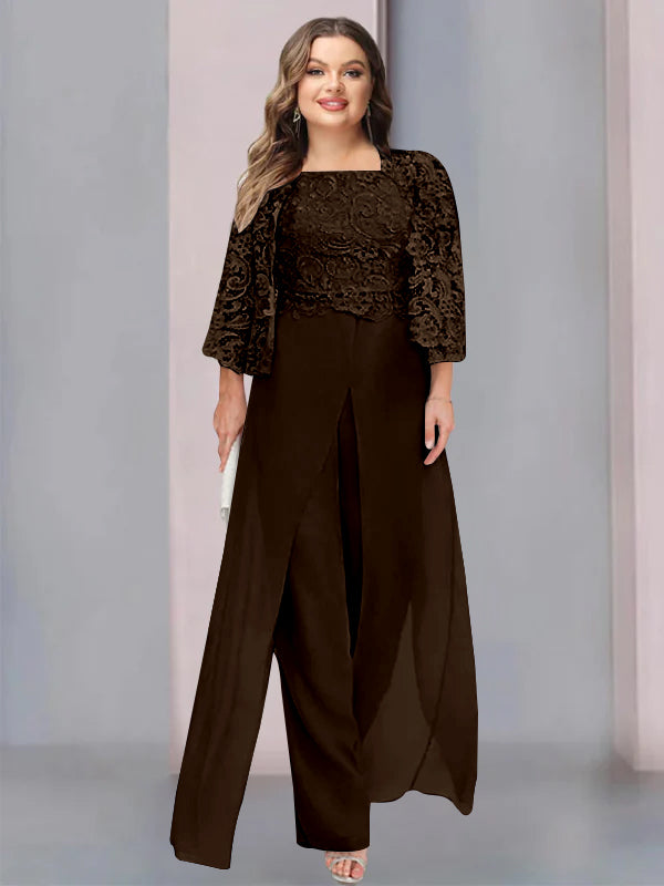 Tailleur-Pantalon en Mousseline à Col Carré et Longueur Au Sol pour Mère de la Mariée, Grande Taille, avec Veste et Fente Sur le Côté