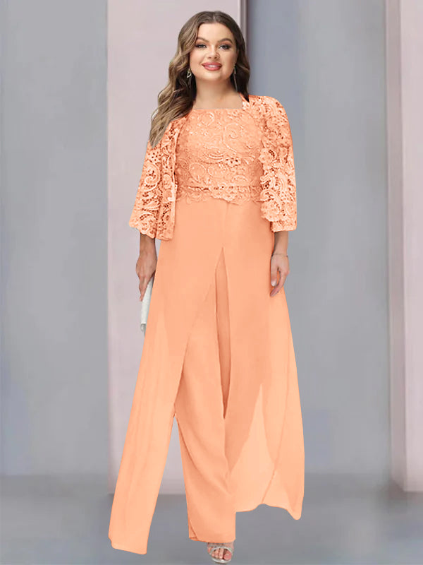 Tailleur-Pantalon en Mousseline à Col Carré et Longueur Au Sol pour Mère de la Mariée, Grande Taille, avec Veste et Fente Sur le Côté