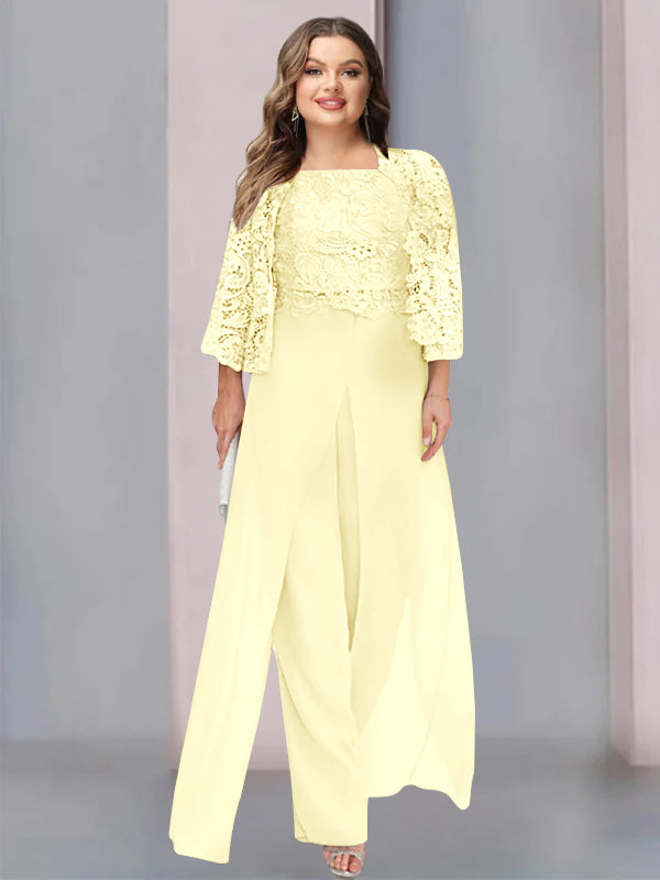 Tailleur-Pantalon en Mousseline à Col Carré et Longueur Au Sol pour Mère de la Mariée, Grande Taille, avec Veste et Fente Sur le Côté
