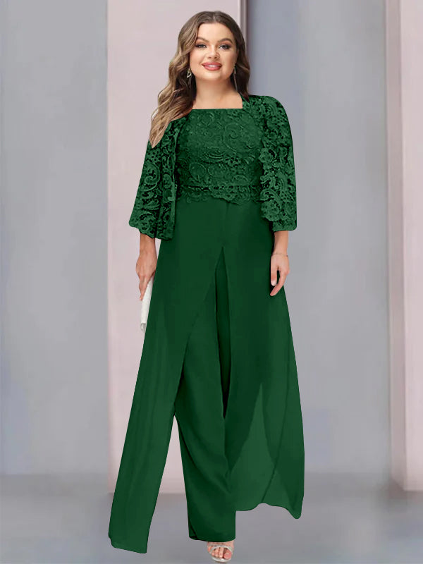 Tailleur-Pantalon en Mousseline à Col Carré et Longueur Au Sol pour Mère de la Mariée, Grande Taille, avec Veste et Fente Sur le Côté