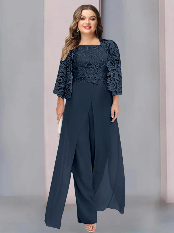 Tailleur-Pantalon en Mousseline à Col Carré et Longueur Au Sol pour Mère de la Mariée, Grande Taille, avec Veste et Fente Sur le Côté