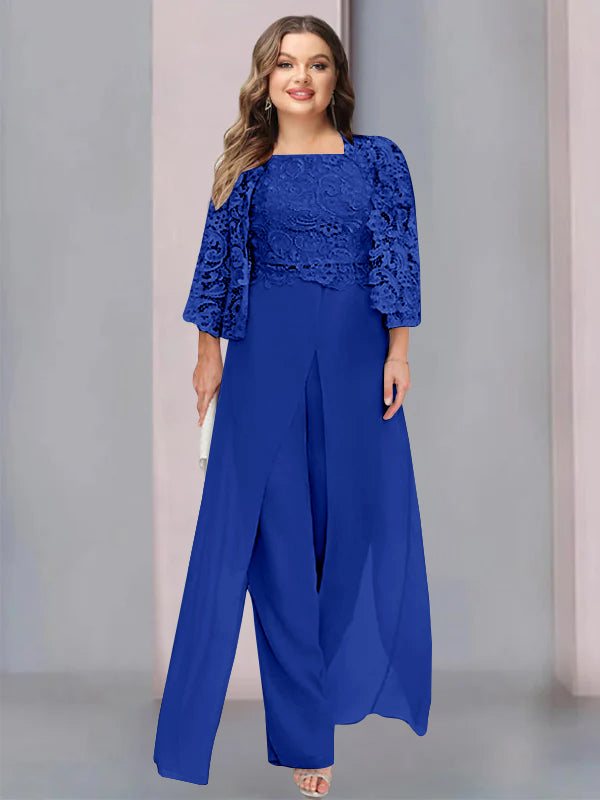 Tailleur-Pantalon en Mousseline à Col Carré et Longueur Au Sol pour Mère de la Mariée, Grande Taille, avec Veste et Fente Sur le Côté