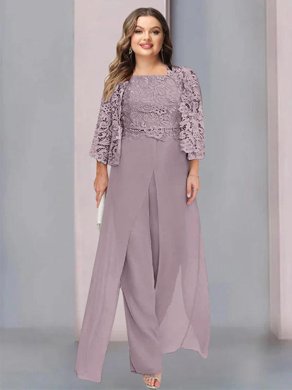 Tailleur-Pantalon en Mousseline à Col Carré et Longueur Au Sol pour Mère de la Mariée, Grande Taille, avec Veste et Fente Sur le Côté