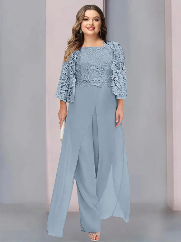 Tailleur-Pantalon en Mousseline à Col Carré et Longueur Au Sol pour Mère de la Mariée, Grande Taille, avec Veste et Fente Sur le Côté