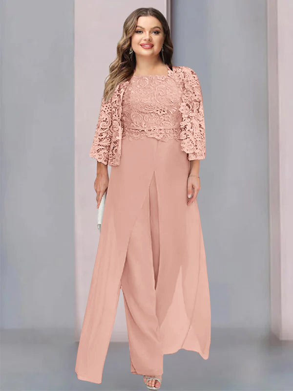 Tailleur-Pantalon en Mousseline à Col Carré et Longueur Au Sol pour Mère de la Mariée, Grande Taille, avec Veste et Fente Sur le Côté