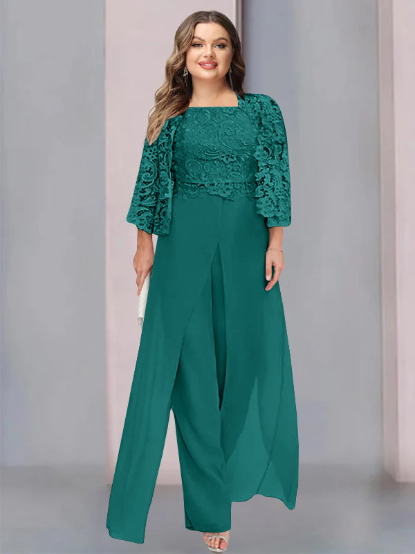 Tailleur-Pantalon en Mousseline à Col Carré et Longueur Au Sol pour Mère de la Mariée, Grande Taille, avec Veste et Fente Sur le Côté