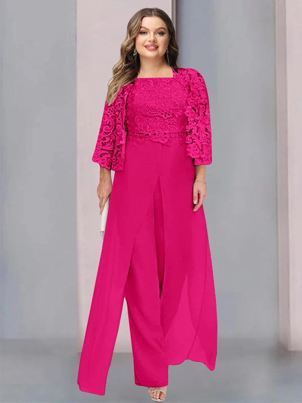 Tailleur-Pantalon en Mousseline à Col Carré et Longueur Au Sol pour Mère de la Mariée, Grande Taille, avec Veste et Fente Sur le Côté