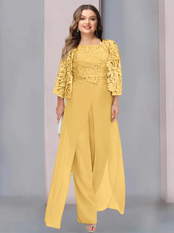 Tailleur-Pantalon en Mousseline à Col Carré et Longueur Au Sol pour Mère de la Mariée, Grande Taille, avec Veste et Fente Sur le Côté