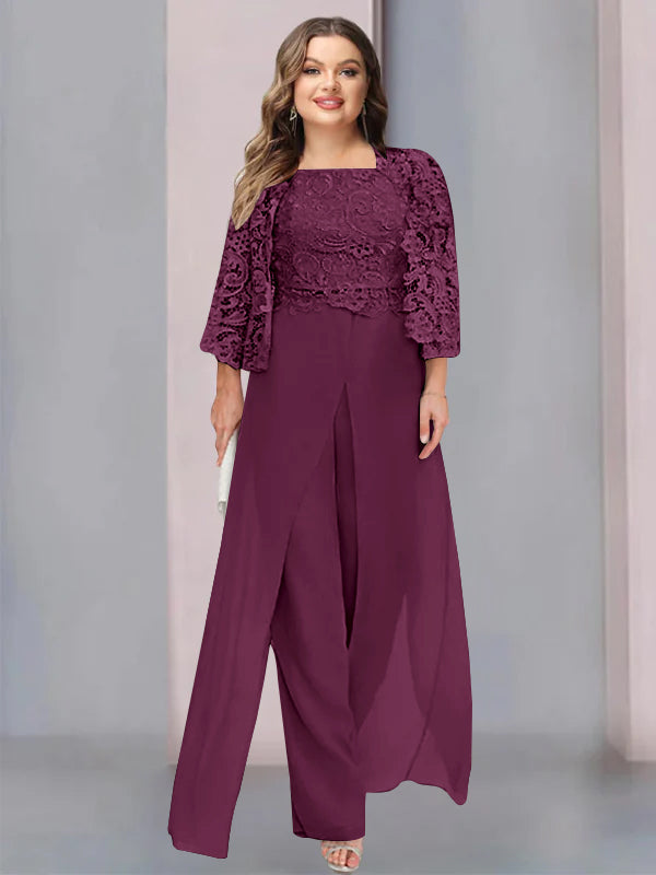 Tailleur-Pantalon en Mousseline à Col Carré et Longueur Au Sol pour Mère de la Mariée, Grande Taille, avec Veste et Fente Sur le Côté