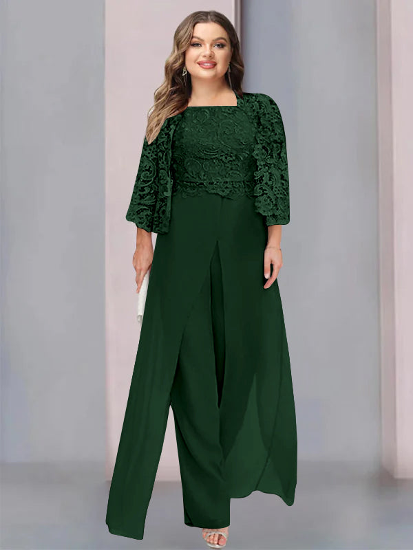 Tailleur-Pantalon en Mousseline à Col Carré et Longueur Au Sol pour Mère de la Mariée, Grande Taille, avec Veste et Fente Sur le Côté