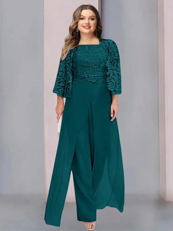 Tailleur-Pantalon en Mousseline à Col Carré et Longueur Au Sol pour Mère de la Mariée, Grande Taille, avec Veste et Fente Sur le Côté