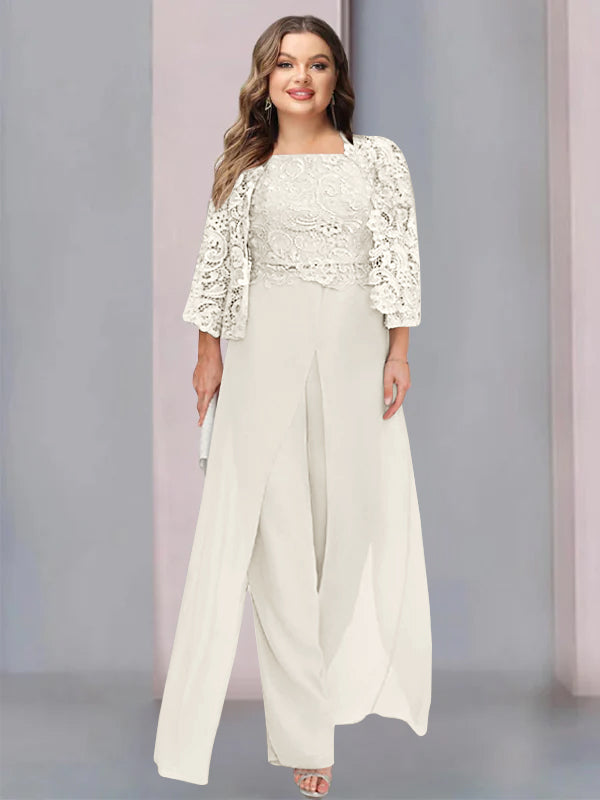 Tailleur-Pantalon en Mousseline à Col Carré et Longueur Au Sol pour Mère de la Mariée, Grande Taille, avec Veste et Fente Sur le Côté