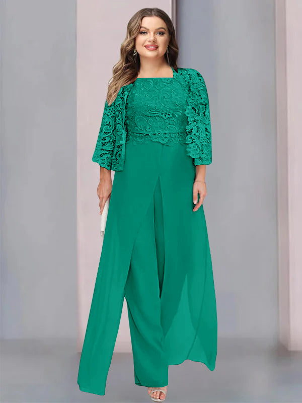 Tailleur-Pantalon en Mousseline à Col Carré et Longueur Au Sol pour Mère de la Mariée, Grande Taille, avec Veste et Fente Sur le Côté