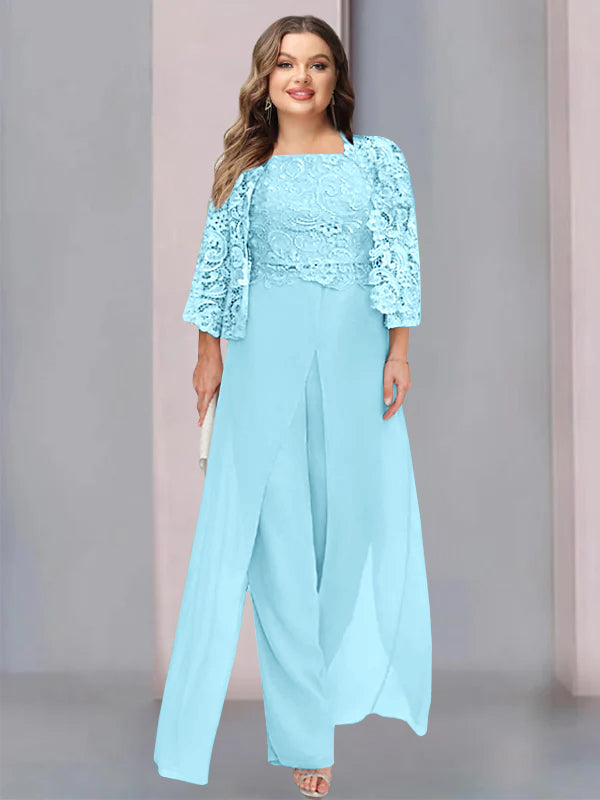 Tailleur-Pantalon en Mousseline à Col Carré et Longueur Au Sol pour Mère de la Mariée, Grande Taille, avec Veste et Fente Sur le Côté