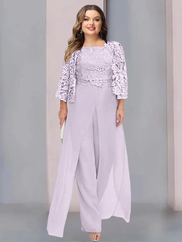 Tailleur-Pantalon en Mousseline à Col Carré et Longueur Au Sol pour Mère de la Mariée, Grande Taille, avec Veste et Fente Sur le Côté