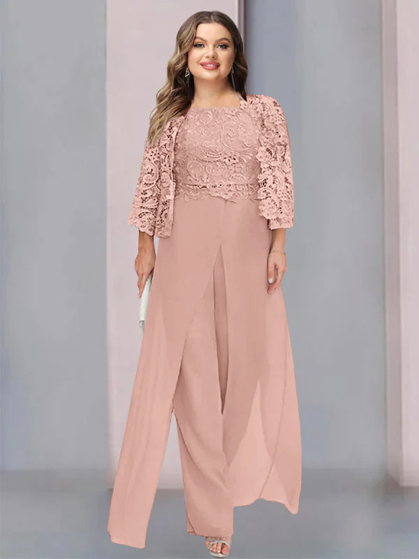 Tailleur-Pantalon en Mousseline à Col Carré et Longueur Au Sol pour Mère de la Mariée, Grande Taille, avec Veste et Fente Sur le Côté