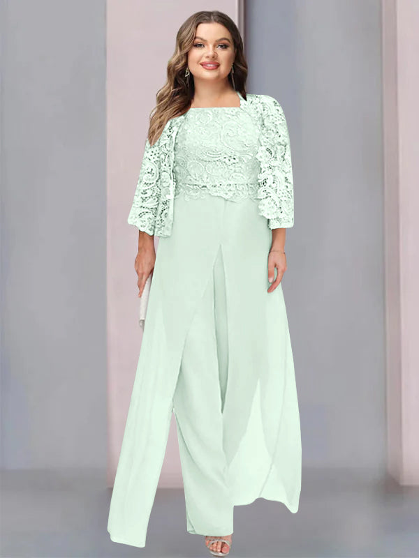 Tailleur-Pantalon en Mousseline à Col Carré et Longueur Au Sol pour Mère de la Mariée, Grande Taille, avec Veste et Fente Sur le Côté