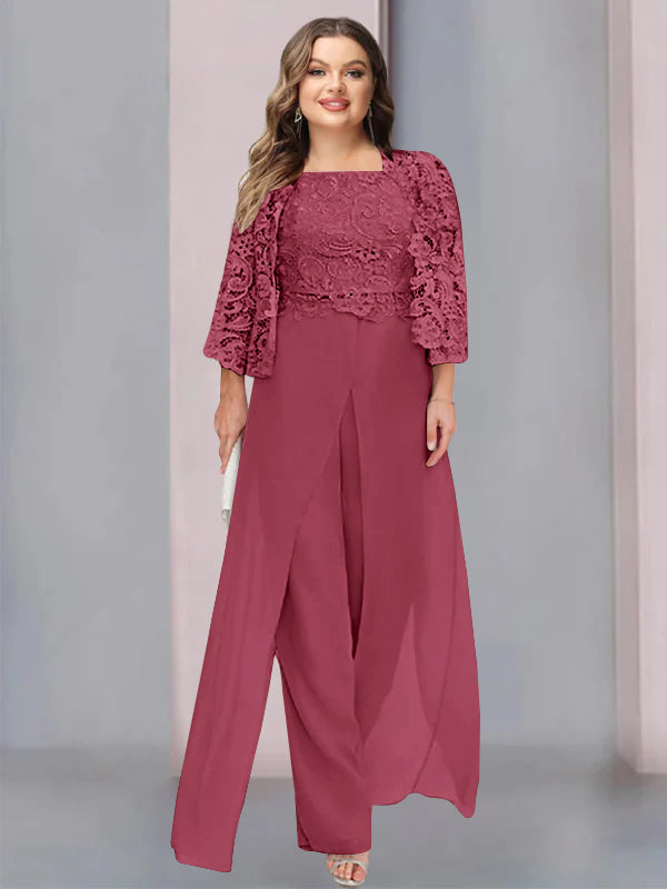 Tailleur-Pantalon en Mousseline à Col Carré et Longueur Au Sol pour Mère de la Mariée, Grande Taille, avec Veste et Fente Sur le Côté