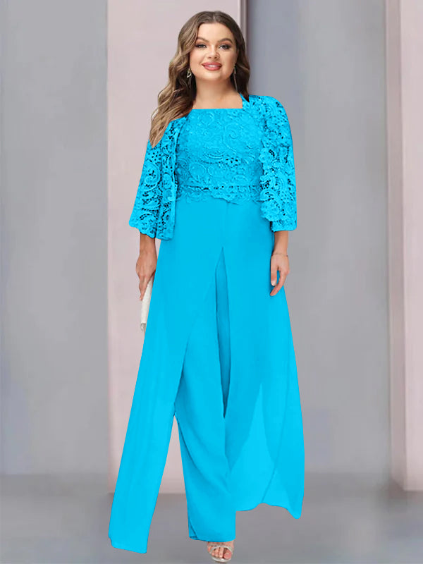 Tailleur-Pantalon en Mousseline à Col Carré et Longueur Au Sol pour Mère de la Mariée, Grande Taille, avec Veste et Fente Sur le Côté