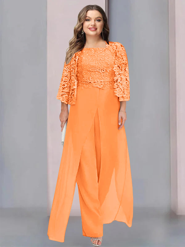 Tailleur-Pantalon en Mousseline à Col Carré et Longueur Au Sol pour Mère de la Mariée, Grande Taille, avec Veste et Fente Sur le Côté