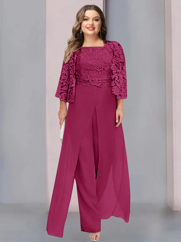 Tailleur-Pantalon en Mousseline à Col Carré et Longueur Au Sol pour Mère de la Mariée, Grande Taille, avec Veste et Fente Sur le Côté