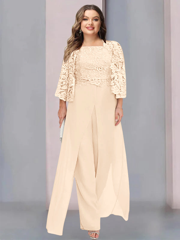 Tailleur-Pantalon en Mousseline à Col Carré et Longueur Au Sol pour Mère de la Mariée, Grande Taille, avec Veste et Fente Sur le Côté