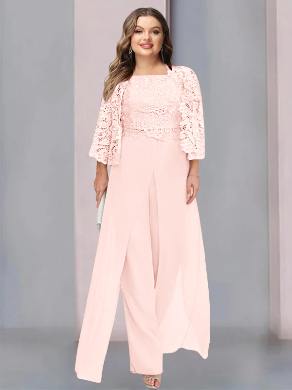 Tailleur-Pantalon en Mousseline à Col Carré et Longueur Au Sol pour Mère de la Mariée, Grande Taille, avec Veste et Fente Sur le Côté