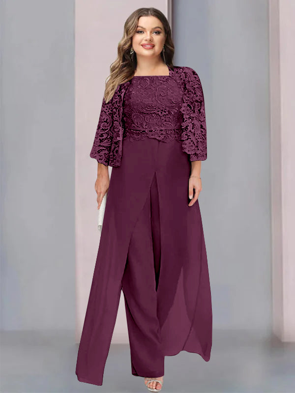 Tailleur-Pantalon en Mousseline à Col Carré et Longueur Au Sol pour Mère de la Mariée, Grande Taille, avec Veste et Fente Sur le Côté
