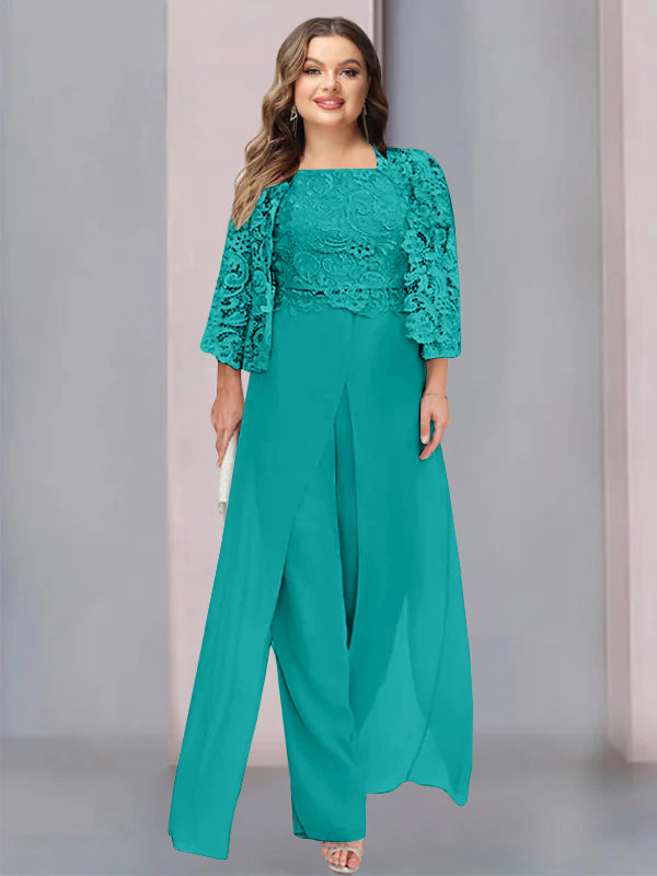 Tailleur-Pantalon en Mousseline à Col Carré et Longueur Au Sol pour Mère de la Mariée, Grande Taille, avec Veste et Fente Sur le Côté