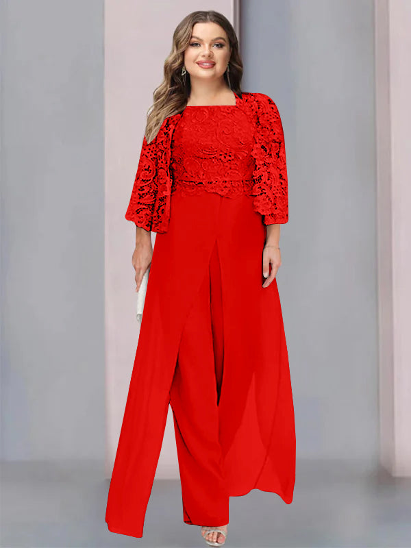 Tailleur-Pantalon en Mousseline à Col Carré et Longueur Au Sol pour Mère de la Mariée, Grande Taille, avec Veste et Fente Sur le Côté