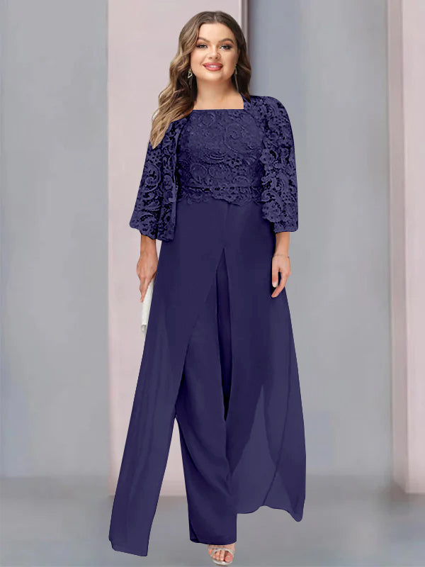 Tailleur-Pantalon en Mousseline à Col Carré et Longueur Au Sol pour Mère de la Mariée, Grande Taille, avec Veste et Fente Sur le Côté
