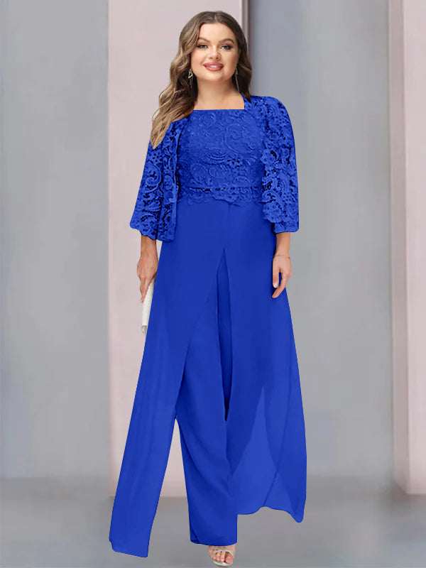 Tailleur-Pantalon en Mousseline à Col Carré et Longueur Au Sol pour Mère de la Mariée, Grande Taille, avec Veste et Fente Sur le Côté