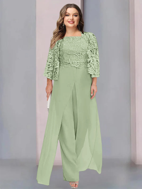 Tailleur-Pantalon en Mousseline à Col Carré et Longueur Au Sol pour Mère de la Mariée, Grande Taille, avec Veste et Fente Sur le Côté