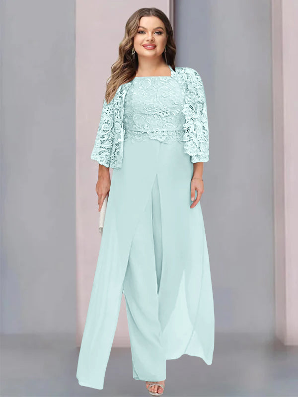 Tailleur-Pantalon en Mousseline à Col Carré et Longueur Au Sol pour Mère de la Mariée, Grande Taille, avec Veste et Fente Sur le Côté