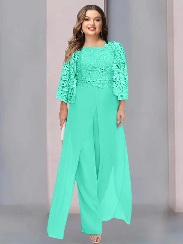 Tailleur-Pantalon en Mousseline à Col Carré et Longueur Au Sol pour Mère de la Mariée, Grande Taille, avec Veste et Fente Sur le Côté