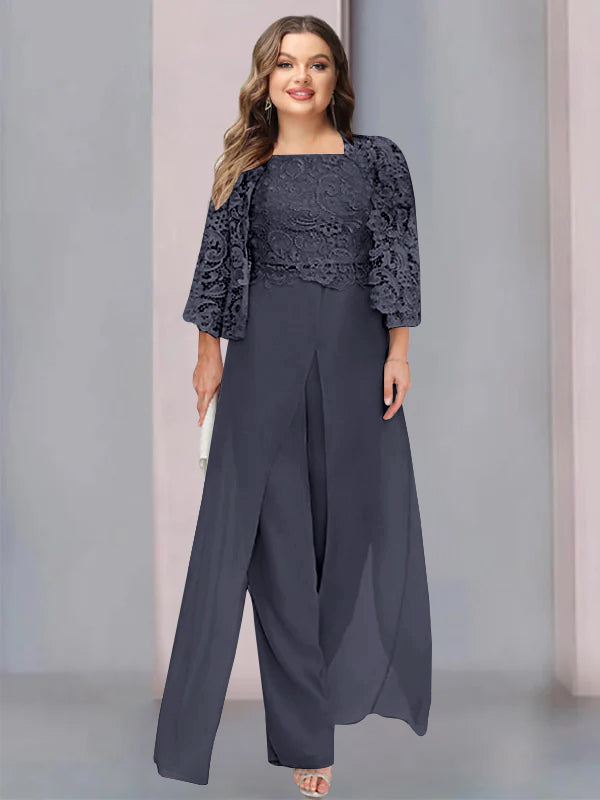 Tailleur-Pantalon en Mousseline à Col Carré et Longueur Au Sol pour Mère de la Mariée, Grande Taille, avec Veste et Fente Sur le Côté