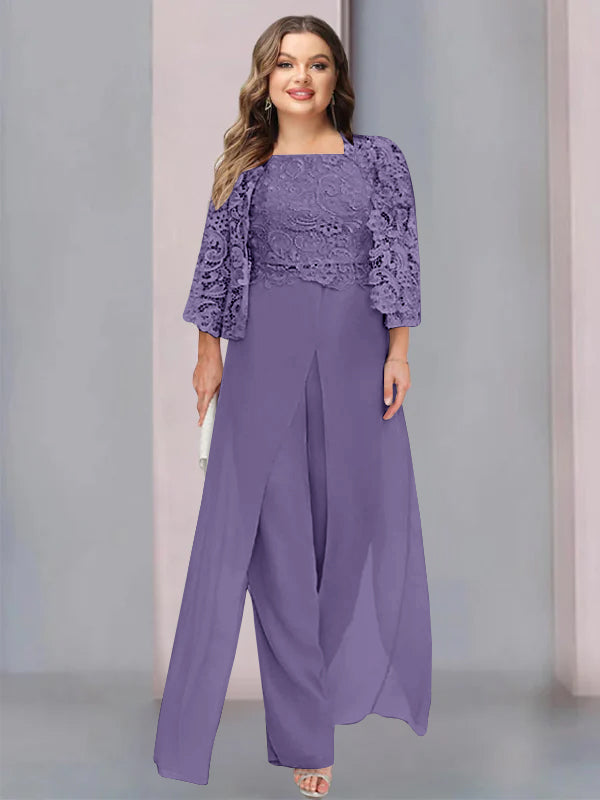 Tailleur-Pantalon en Mousseline à Col Carré et Longueur Au Sol pour Mère de la Mariée, Grande Taille, avec Veste et Fente Sur le Côté