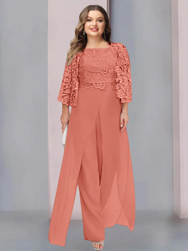 Tailleur-Pantalon en Mousseline à Col Carré et Longueur Au Sol pour Mère de la Mariée, Grande Taille, avec Veste et Fente Sur le Côté