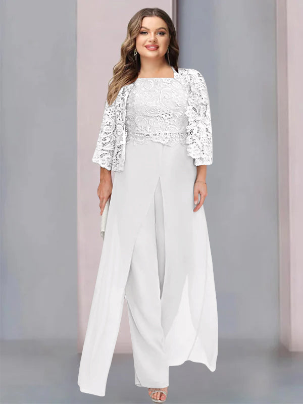 Tailleur-Pantalon en Mousseline à Col Carré et Longueur Au Sol pour Mère de la Mariée, Grande Taille, avec Veste et Fente Sur le Côté