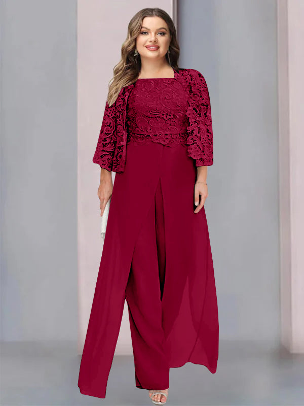 Tailleur-Pantalon en Mousseline à Col Carré et Longueur Au Sol pour Mère de la Mariée, Grande Taille, avec Veste et Fente Sur le Côté