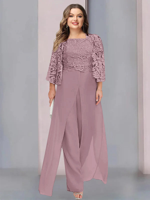 Tailleur-Pantalon en Mousseline à Col Carré et Longueur Au Sol pour Mère de la Mariée, Grande Taille, avec Veste et Fente Sur le Côté