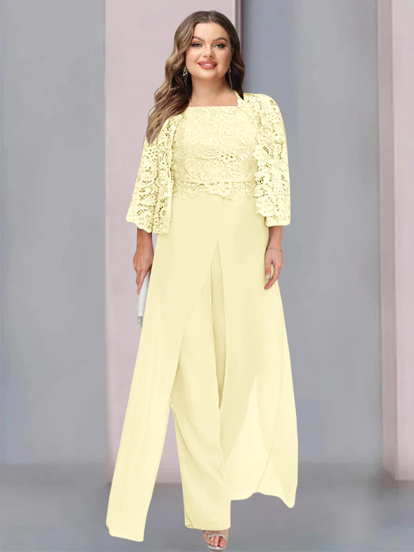 Tailleur-Pantalon en Mousseline à Col Carré et Longueur Au Sol pour Mère de la Mariée, Grande Taille, avec Veste et Fente Sur le Côté