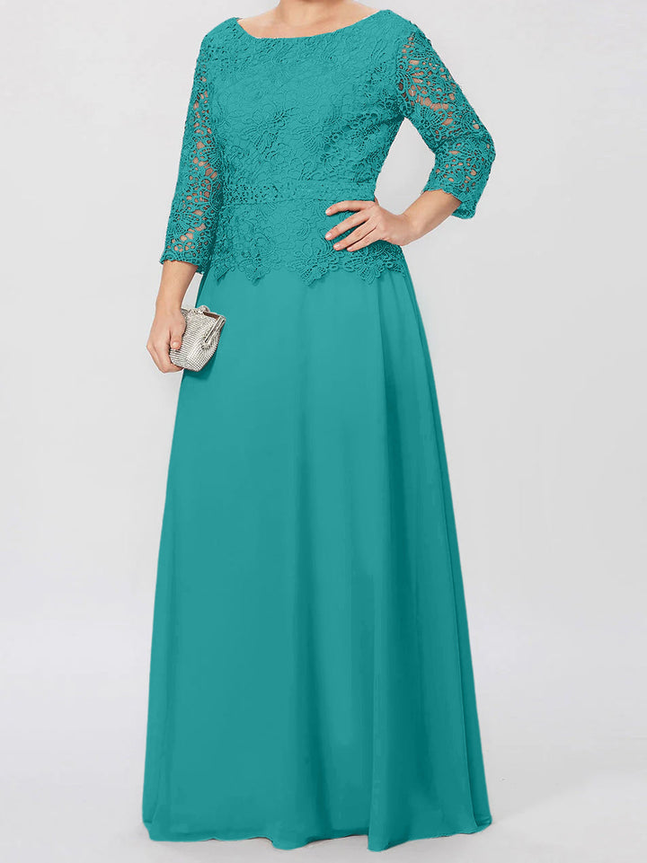 Robe de Mère de la Mariée Coupe A-Line/Princess, Col Rond, Manches 3/4, Longueur Au Sol, avec Appliques et Paillettes