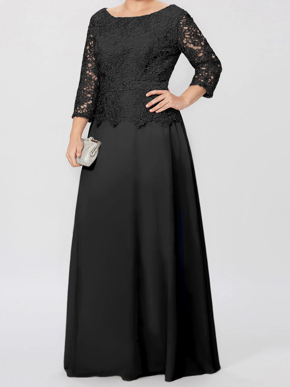 Robe de Mère de la Mariée Coupe A-Line/Princess, Col Rond, Manches 3/4, Longueur Au Sol, avec Appliques et Paillettes