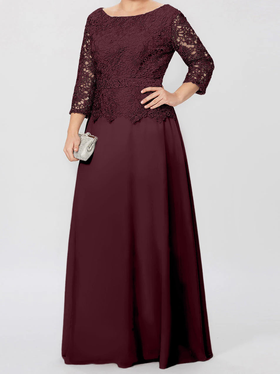 Robe de Mère de la Mariée Coupe A-Line/Princess, Col Rond, Manches 3/4, Longueur Au Sol, avec Appliques et Paillettes