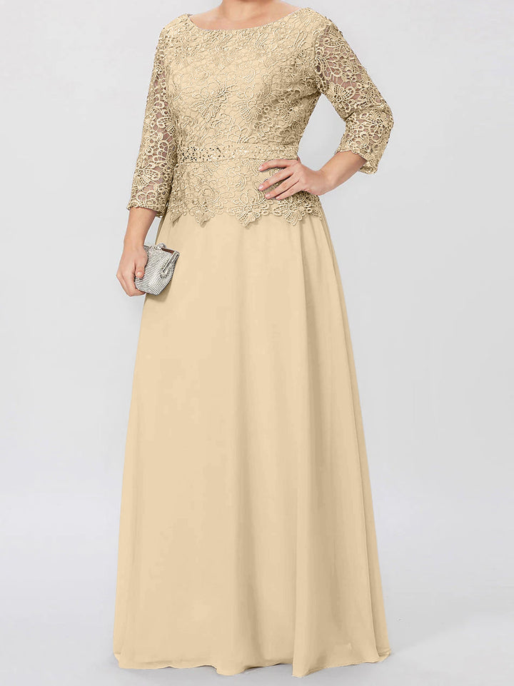 Robe de Mère de la Mariée Coupe A-Line/Princess, Col Rond, Manches 3/4, Longueur Au Sol, avec Appliques et Paillettes